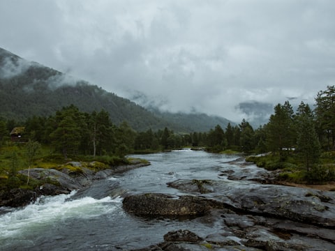 A river running through a misty Norwegian valley